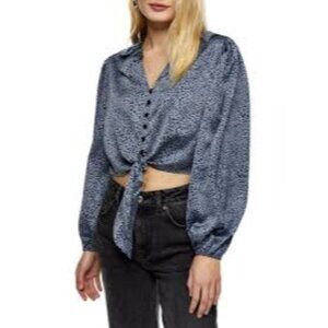 Topshop size 10 Animal Print satin Tie Crop Top Blue/Black